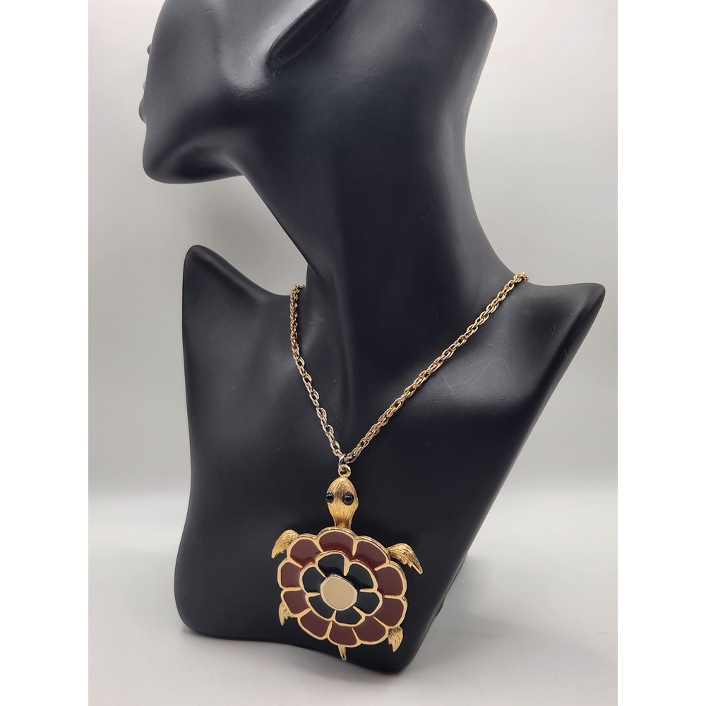 Vintage Gold Tone Enamel Turtle Pendant Necklace Red Black Large Statement Retro